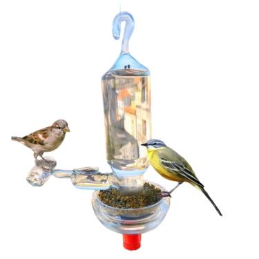 Imagem de Bebedouro e comedouro com poleiro todo em vidro para pássaros ar livre