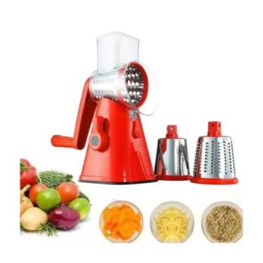 Imagem de Ralador Vermelho 3 Lâminas Manivela Fatiador Queijo Legumes - 123 Util