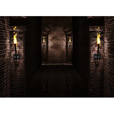 Imagem de BELECO Pano de fundo de castelo gótico de tecido de 3 x 2,4 m antigo tijolo preto arcos de parede tochas calabouço cena do castelo medieval fundo de noite de Halloween decorações de festa medieval adereços de foto de cabine de estúdio