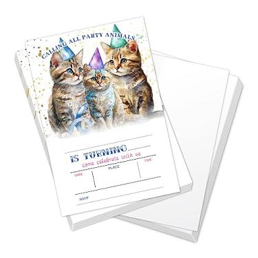 Imagem de Qssfdgg Convites de aniversário de gato gatinho para crianças, cartões de convites de festa de pata de gato fofo para meninos e meninas, lembrancinha de festa de aniversário, convites de aniversário