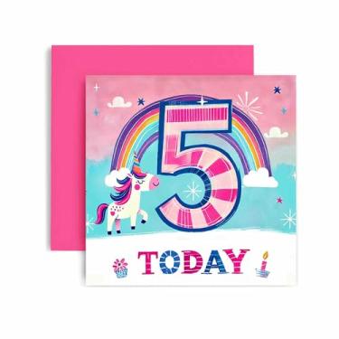 Imagem de Huxters Cartão de 5º aniversário para menina - Cartão de aniversário de 5º unicórnio para ela You are 5 Today - Cartão de aniversário mágico para filha neta 14,8 cm (5º)