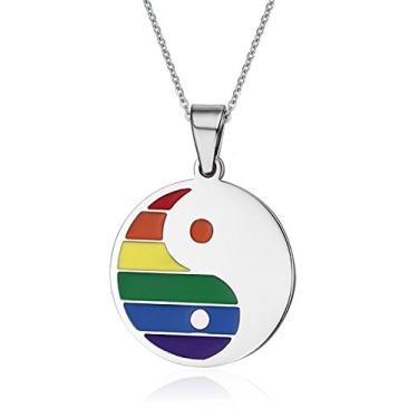 Imagem de Colar com pingente redondo de aço inoxidável Yin Yang para orgulho gay e lésbico, corrente gratuita de 56 cm