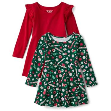 Imagem de The Children's Place Vestidos skatistas modernos de manga comprida para bebês meninas, Pacote com 2 doces/vermelho, 2 Anos