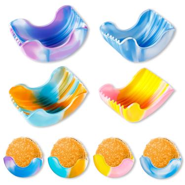 Imagem de Qoyapow 4 pçs hambúrguer retrátil caixa fixa suportes ajustáveis hambúrguer reutilizável lavável clipe de hambúrguer suporte de silicone hambúrguer caixa para hambúrguer adultos e crianças (camuflado)