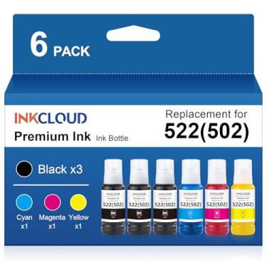 Imagem de Refil de tinta 522 frascos de refil de tinta para Epson 522 502 frascos de refil de tinta compatíveis com impressora Ecotank ET-2800 ET-4800 ET-2400 ET-2803 ET-2720 ET-4700 ET-4810 ET-2840, 6 frascos
