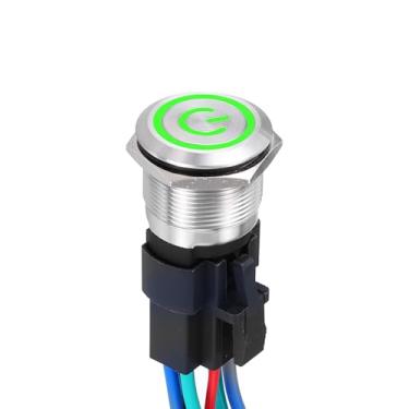 Imagem de DMiotech Interruptor de botão de travamento de aço inoxidável de 7/8 polegadas, cabeça chata, 15A, 12-24 V, concha prateada de 6 pinos com soquete de cabo, interruptor verde LED 1NO1NC para sistemas