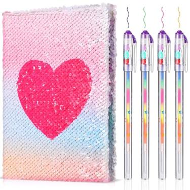 Imagem de Outus Conjunto de diário de lantejoulas para meninas com 4 peças de canetas coloridas de tinta gel, diário reversível, caderno de lantejoulas com glitter, diário para meninas, adolescentes, presentes