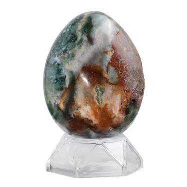 Imagem de Rockcloud Esfera de ovo de pedra do oceano natural com suporte de acrílico Estatueta de esfera de cristal Reiki polido para bênção de Páscoa e decoração de casa, 4 a 450 g