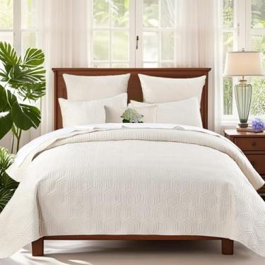 Imagem de Querencia Conjunto de colcha de veludo luxuoso tamanho Queen – edredom geométrico acolchoado leve, colcha branca marfim, roupa de cama bordada com 2 fronhas de veludo, todas as estações (casal/queen)