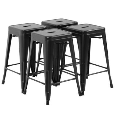 Imagem de Barras de Barra de metal conjunto de 4 balcão Barstool Barstool Stackable Barstools 24 polegadas Interior Pátio Ao Ar Livre Bar Banquinho Home Cozinha Dinando Banquinho Bar Bar Cadeira