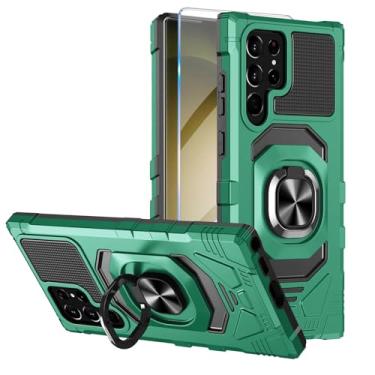 Imagem de Capa de proteção resistente para Galaxy S23 Ultra com protetor de tela integrado, grau militar, à prova de choque, anel de metal de 360 graus, suporte para viagem, capa (verde)