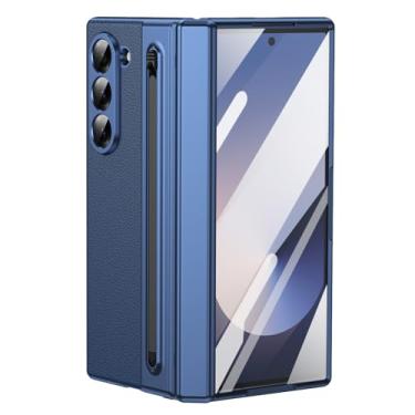 Imagem de POYUFRG Capa galvanizada para Samsung Galaxy Z Fold 6, capa de couro executiva de luxo com suporte S-Pen e capa de proteção de dobradiça com tudo incluído, azul, Z Fold 6