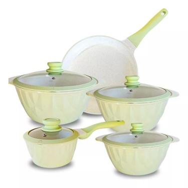 Imagem de Jogo 5 Panela Indução Cerâmica Marmoriza - Docesar, Foral verde, Bege
