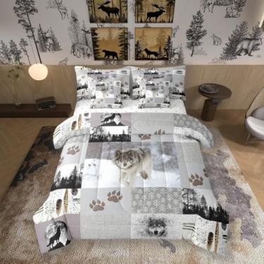 Imagem de Conjunto de edredom infantil Queen Size Lobo, estampa de patas de lobo, pinheiros, aventura selvagem, xadrez, geométrico, patchwork rústico (edredom + lençol de cima + 2 fronhas + 2 fronhas de