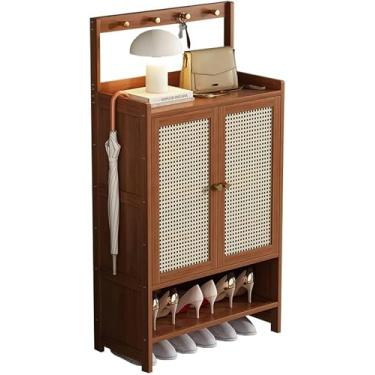 Imagem de LGEOELIAS Armário de sapatos de bambu com ganchos e portas, organizador de sapatos estreito para corredor, sala de estar, quarto