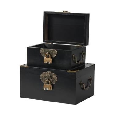 Imagem de HYVAKUPPA Caixa de armazenamento decorativa de madeira com tampas, caixa de memória feita à mão para lembranças, alça de metal, baú do tesouro, cestas de madeira vintage com cadeado de código, caixa