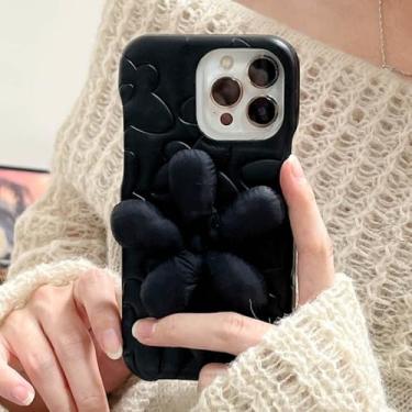 Imagem de Capa de celular fofa com estampa de borboleta e coração em formato de flor de algodão 3D em formato de nuvem de marshmallow para iPhone 15, 14, 13, 11, 12 Pro Max, couro sintético com relevo, preta,