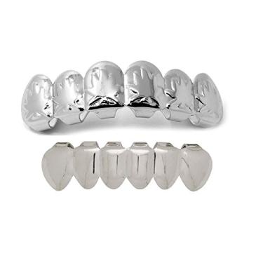Imagem de The Bling Factory Conjunto de grelha de dentes superiores e inferiores removíveis de folha de maconha banhada a ouro branco 14 k, latão, Sem Pedra Preciosa