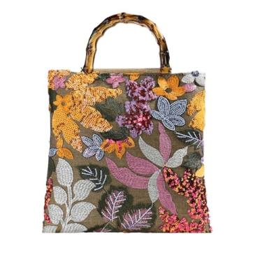 Imagem de Bolsa de bambu, textura de alta qualidade, lantejoulas coloridas, estilo retrô, bolsa feminina bordada à mão para banquete, Flor, Small