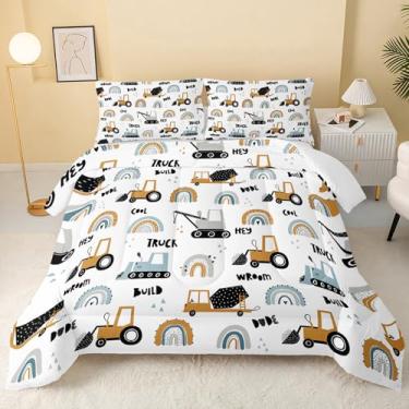 Imagem de QOOMO Conjunto de edredom de trator e caminhões, veículo de construção, para crianças, meninos, escavadeira, guindaste, equipamento, caminhão, conjunto de edredom solteiro, 3 peças, decoração de