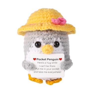 Imagem de lasuroa Pinguim positivo engraçado, boneco pinguim de malha de 9 cm com cartão de fôlego brinquedo pinguim ponto com chapéu de palha de verão presente criativo de animação para familiares e amigos