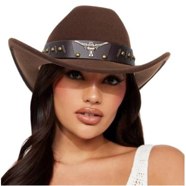 Imagem de Chapéus femininos de feltro clássicos de cowboy ocidental - chapéu de jazz de aba larga de rodeio com cinto de fivela (Lagre), B-café com rebite, G