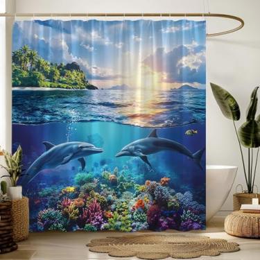 Imagem de AEMBEE Cortina de chuveiro golfinho oceano tropical submarino coral praia subaquática tecido náutico decorativo cortinas de banheiro com ganchos, azul