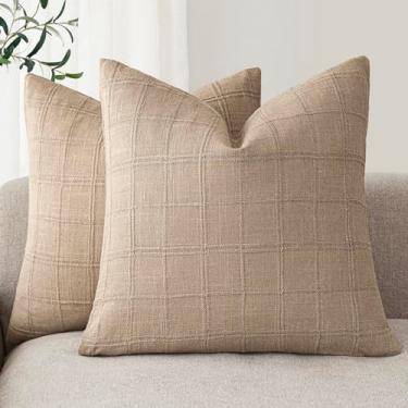 Imagem de Foindtower Conjunto de 2 capas de almofada decorativas de linho xadrez neutra fazenda vintage capas de almofada modernas costeiras boho decoração de casa para sofá cadeira sofá quarto sala de estar