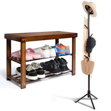 Imagem de CroBlissful Conjunto de armazenamento doméstico de 2 peças, banco de sapato de 3 níveis e cabide independente, organizador de armazenamento de sapatos comporta 129 kg para entrada, quarto, sala de