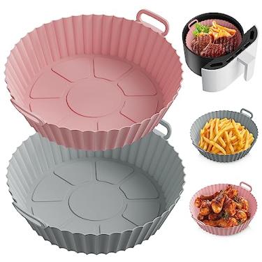 Imagem de Forros de silicone da Air Fryer para 4 a 7 QT [2 unidades] ME.FAN Air Fryer Panela de forros de silicone - Cesta reutilizável para fritadeira a ar com alças e furos - Acessórios de forno para fritadeira a ar - rosa + cinza claro