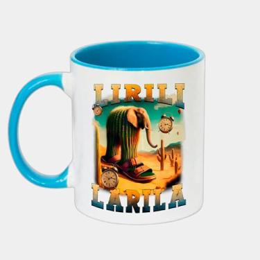 Imagem de Caneca Branca com Alça e Interna Azul de Porcelana 325ml - Lirili Larila Brainrot Meme Cactus Elephant