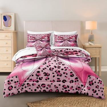 Imagem de Herside Conjunto de edredom com estampa de leopardo, 8 peças, tamanho king, princesa, laço rosa, para meninas e mulheres, guepardo com estampa de pele de animal selvagem, conjunto de edredom para