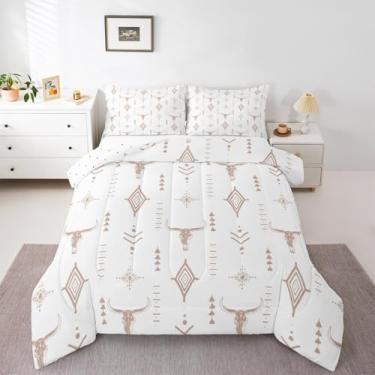 Imagem de Erosebridal Conjunto de cama boêmio, King, asteca, jovem, caveira, abstrato, chifres, arte estética misteriosa, branco, leve, decoração de quarto, retrô, minimalista, edredom
