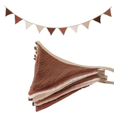 Imagem de Uorbmaio Bandeiras de flâmula bege e café, faixa triangular de guirlanda tecido para decoração de festa de casamento boho chá de bebê decoração de sala de jogos de berçário (café bege)