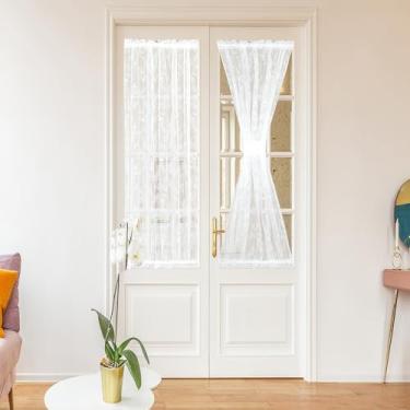 Imagem de Bentrilisa Cortina de porta francesa de renda branca semitransparente, floral, bolso para haste, janela curta, pátio, vidro, painel da porta frontal com amarração, 1 peça, 137 x 102 cm