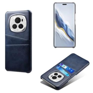 Imagem de Capas Compatível com Honor Magic6 Pro,Caso de couro PU-Tampa de telefone a prova de choque com 2 slots de cartão,Proteção anti-impressão digital e anti-gota-Blue