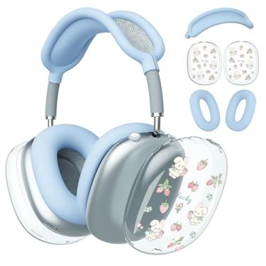 Imagem de BlHMCASE Capa de fone de ouvido para AirPods Max, capa de fone de ouvido transparente de morango, capa de silicone azul para Apple AirPods Max