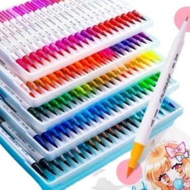 Imagem de Caneta Canetinha de Ponta Dupla Coloridas Kit 60 Unidades, Canetas Hidrográficas 2 em 1, Pincel Lettering, Bullet Journal, Caligrafia, Desenhos Cores e à Base de Água - Para Artistas e Estudantes