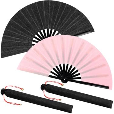Imagem de Maitys 2 pacotes de leques grandes de palmas para dança em linha, grandes ventiladores chineses dobráveis para homens e mulheres, festivais, tai ji, kungfu, artes marciais, presentes (glitter preto e