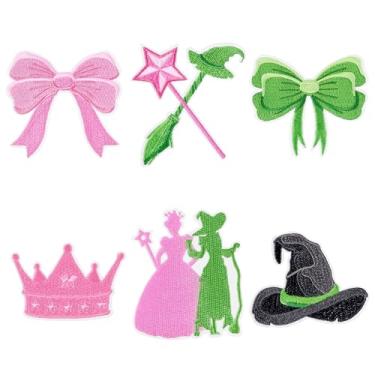 Imagem de 6 peças rosa e verde bruxa ferro em remendos varinha mágica chapéu de bruxa coroa arco costurado em reparo aplique bordado desenho animado filme personagem princesa artesanato decoração para meninas