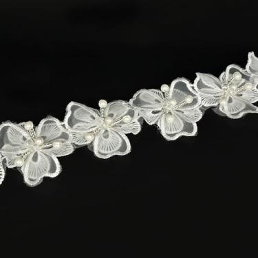 Imagem de 1 jarda vintage contas brancas pérola flor tecido renda apliques florais fita de acabamento de renda bordada para casamento vestido de noiva roupas fantasia chapéu decoração (branco, 1 jarda)