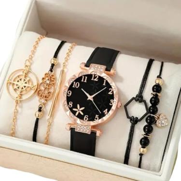 Imagem de Kit Relógio Feminino com 5 Pulseiras, Mostrador Preto 34mm, Pulseira em Couro 23cm, Dourado e Preto (Preto)