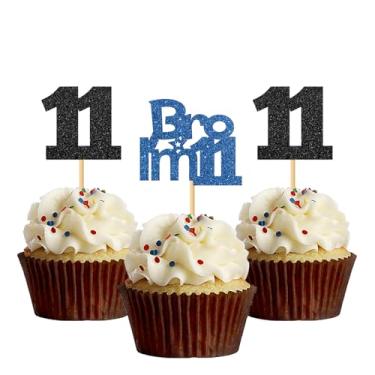 Imagem de Bro I'm 11 Cupcake Toppers - Boy Eleven Years Old Bithday - Happy 11th Birthday Party Decoration Supplies Black Blue Glitter - 24 Pcs