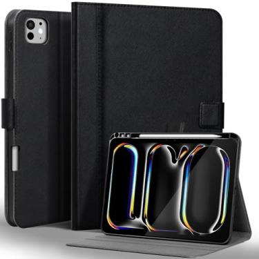 Imagem de Gexmil Capa de couro genuíno para iPad Pro de 13 polegadas M4 2024 com suporte para lápis, fecho magnético, suporte ajustável, capa protetora inteligente de couro premium para hibernar/despertar