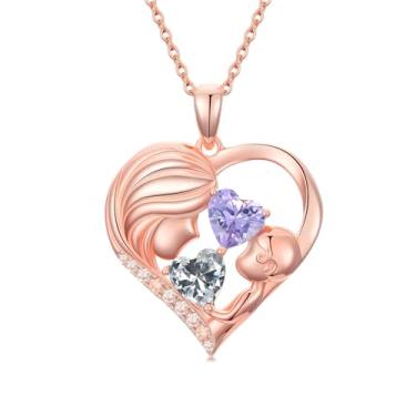 Imagem de Zoeniya Colar com pingente de coração banhado a ouro rosa para mãe e filha com 12 meses, presentes de dia das mães para mãe, pedra do mês de nascimento, joia de aniversário para mãe, esposa, namorada