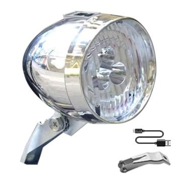 Imagem de Farol de bicicleta retrô ajustável, 3 luzes dianteiras de LED para passeios noturnos, farol de ciclismo recarregável por USB à prova d'água com alto brilho e suporte de montagem, farol de bicicleta