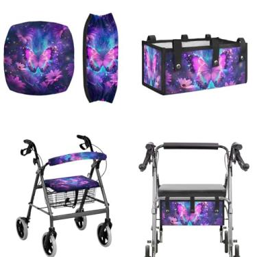 Imagem de LedBack Bolsa para cadeira de rodas para idosos Rollator Walker Capas de assento e encosto de andador de borboleta roxa, fácil de instalar