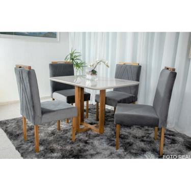 Imagem de Mesa de Jantar Lisy Tampo MDF e Vidro Off 120X80 com 4 Cadeiras de Madeira Maciça Safira Veludo Cinza