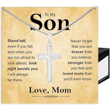 Imagem de Colar de cruz para filho, To My Son de mãe e pai, presentes de Natal com cartão de mensagem e caixa, Aço inoxidável, Sem Pedra Preciosa