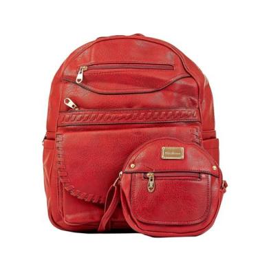 Imagem de Kit Bolsa Mochila Feminina Couro Envernizado Vermelha Red + Bolsa Tran